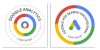 Logos des badges de certification de Google Ads et Google Analytics