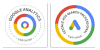 Logos des badges de certification de Google Ads et Google Analytics