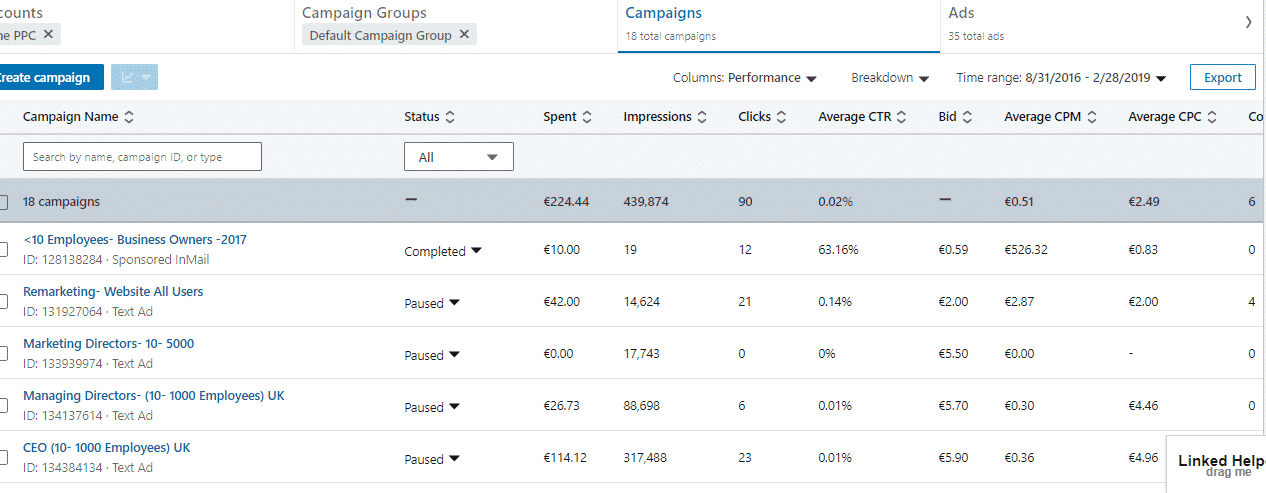 extrait d'image du logiciel campaign manager de Linkedin