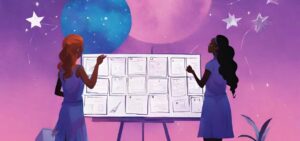 working girls faisant un brainstorming debout devant un tableau bleu sur le thème de la créativité en entreprise dans un ciel violet irisé avec une lune et des étoiles