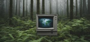 vieil écran d'ordinateur au milieu d'une forêt luxuriante
